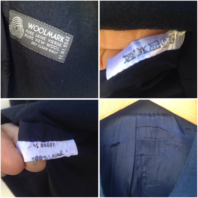 Pode incluir: Close-up de um blazer de l&atilde; azul marinho com uma etiqueta branca que diz "Woolmark 11.91.5542 Pure Laine Vierge Pure New Wool Dry Clean Only". A etiqueta tamb&eacute;m tem um pequeno c&iacute;rculo com um design de espiral. H&aacute; outra etiqueta branca que diz "V. 24591 100% Laine".