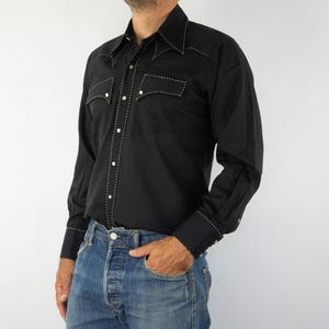 Rockmount | Vintage Western Shirt | 1990s | Black Cowboy Shirt/White Overstitching | Rodeo/Western Wear | Rockabilly | Retro | Size M