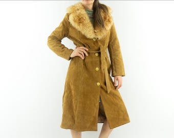 Vintage Shearling Coat 1970s | Camel Suede Fur Collar | Belted Penny Lane | M