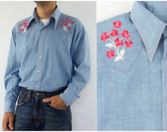 Andy N-Y | Vintage Western Shirt | 1970s | Chambray | Floral Embroidery | Blue Cowboy Shirt | Rodeo | Western Wear | Rockabilly | Size XL