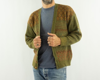 Cardigan vintage in maglia jacquard anni '80 / Dettagli geometrici in maglia blu ruggine / S