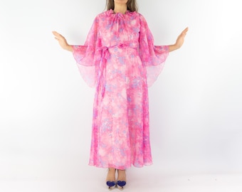 Vintage Floral Chiffon Maxi Dress 1970s | Boho Ruffled Gown |  France | M