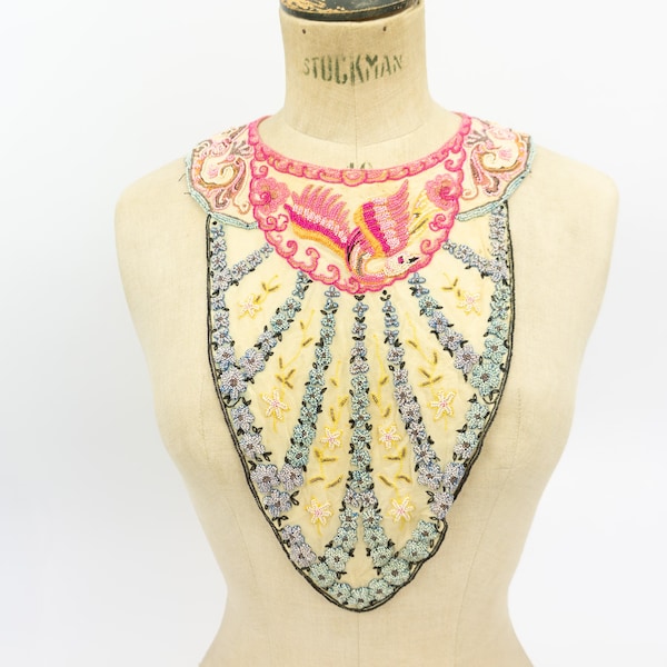 Col Plastron Vintage | 1920s | Faux Col | Encolure Amovible | Perles et Broderies | Rose/ Bleu | Linge Ancien | Art Nouveau | Hippie Chic