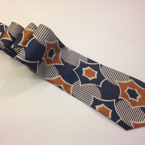 Pierre Balmain Vintage Silk Necktie 1970s | Abstract Pattern Tie Navy Blue Ocher White | Retro Chic | Made in France