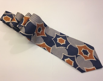 Pierre Balmain Vintage Silk Necktie 1970s | Abstract Pattern Tie Navy Blue Ocher White | Retro Chic | Made in France