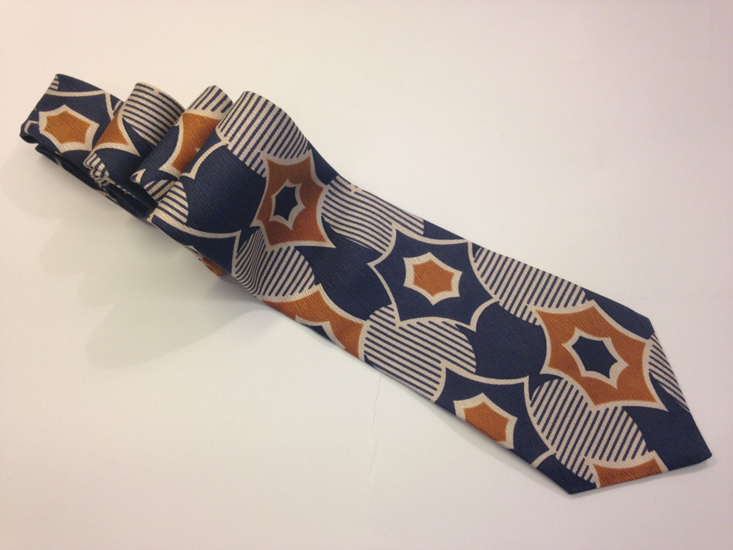 Pierre Balmain Vintage Silk Necktie 1970s | Abstract Pattern Tie Navy Blue Ocher White | Retro Chic | Made in France