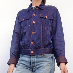 Gaultier Jean&#39;s Vintage Satin Jacket 1980s | Skull Pattern All Over | Shiny Blue Copper Fabric | Made in France | Size L