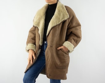 Vintage Shearling Jacket 1980s | Sheepskin Brown Lambskin Leather Coat | Oversize Mid Length | XL
