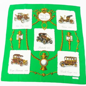 Vintage 1970s Castel Silk Scarf | Green Gold Baroque Square | Belle Epoque Classic Cars Print | Antique Auto Design | Made in France