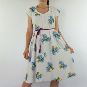 Vintage Floral Dress | 1980s | Wide A-Line Dress | Flower Basket Print | Summer Dress  | Pockets | Short Sleeves | Made in France | Size S/M