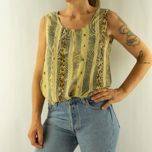 Glamour | Vintage Sleeveless Top 1990s | Jungle Leopard & Zebra Print Beige/Khaki | Safari Style Tank Top | 100% Silk | Size M