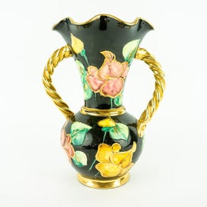 Vallauris | Vintage Ceramic Vase | 1960s | Black Vase with Handles | Multicolored Floral Pattern and Gilding | Mid-Century | Made in France