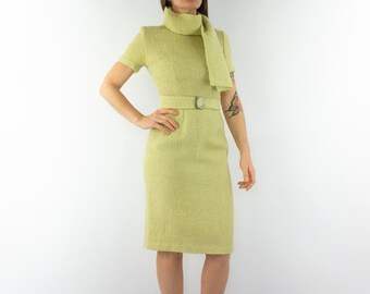 Vintage Tweed Dress 1960s | Light Green Winter Wool Knit | Mod | France | XS