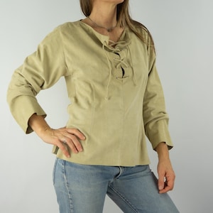 Vintage Suede Shirt 1980s | Beige Leather Lace-Up Top | Western Bohemian Look | Long Sleeves 80s Fashion | Made in Italy | Size S M