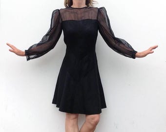 Vintage Evening Dress 1950s | Black Silk Crepe | Sheer Puffy Sleeves | Elegant Cocktail Dress | France | S