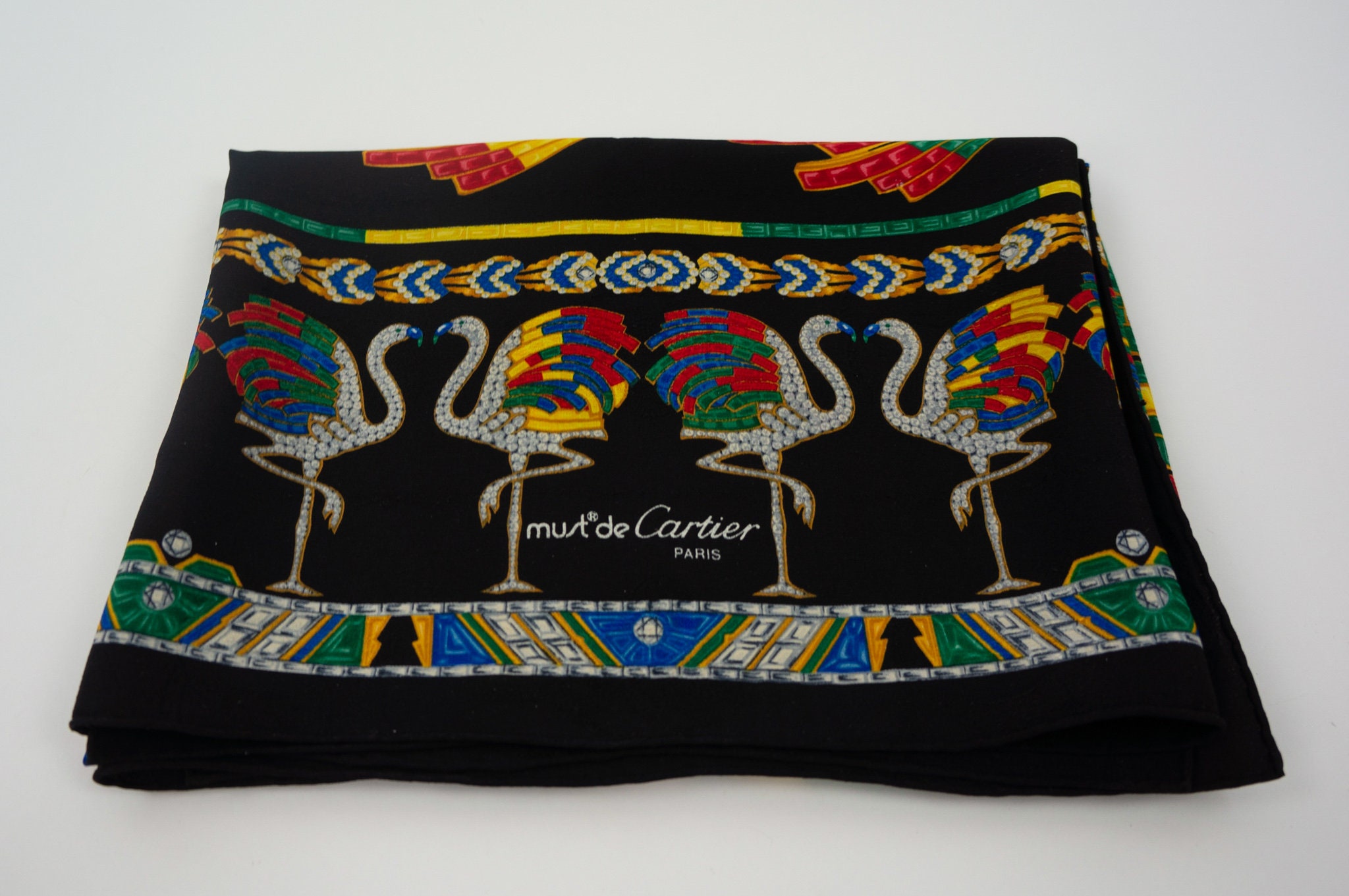 Vintage Must De Cartier Silk Scarf 1980s | Black Flamingo Pattern