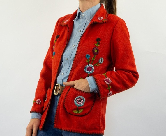 Chipie Floral Vintage Cardigan 1980s | Red Embroidered Wool Jacket | Boho | Made in France | S