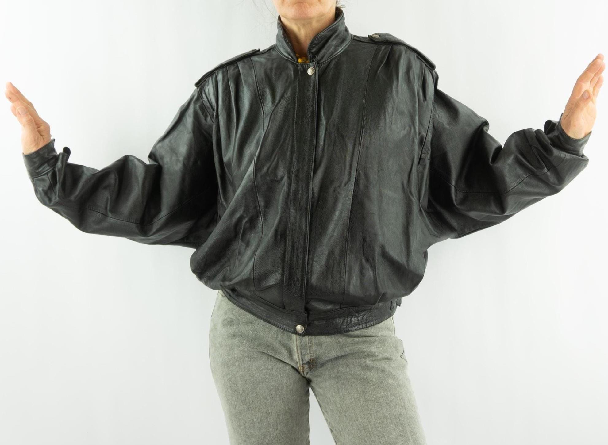 Vintage Leather Jacket 1980s | Black Cropped Bomber With Batwing