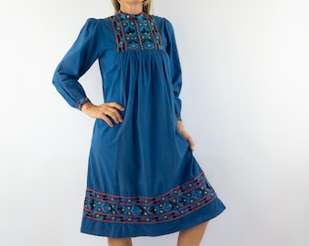 Vintage Indian Cotton Dress 1970s | Blue Embroiderd & Mirror Work | Boho Hippie | S