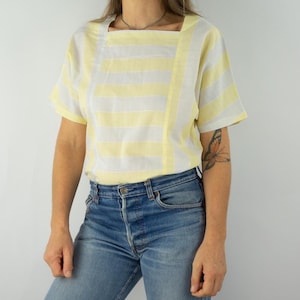 Vintage Women&#39;s Blouse 1980s | Yellow and White Striped Top | Square Neckline | Short Batwing Sleeves | Straight Cut | Size M