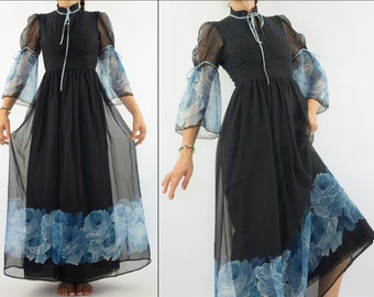 Floral Vintage Dress | 1970s | Summer Party Dress | Romantic | Black/Blue | Maxi Tulle Dress | Ball Gown | Bohemian Evening Dress | Size M