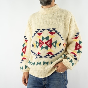 Wolle | Vintage Navajo Muster Pullover | 1990er Jahre | 100% Wolle Grobstrickpullover | Creme/Mehrfarbig | Jacquard-Pullover | Größe XL