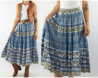 Vintage Peasant Skirt 1970 80s French Provence Skirt Blue White Yellow Floral Pattern Cotton Prairie Skirt Made in France