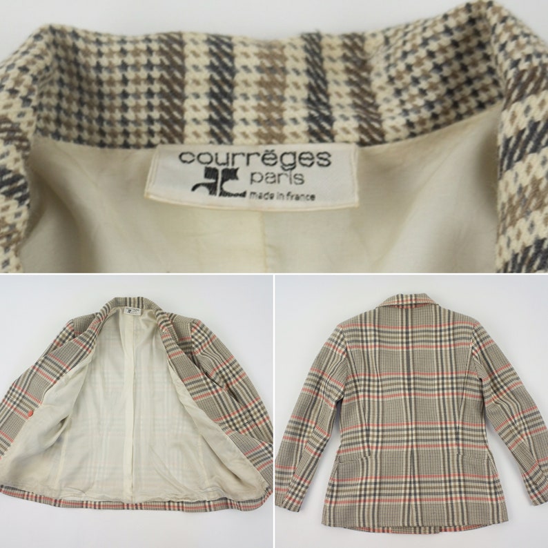 Pu&ograve; includere: Un blazer vintage con motivo a quadri nei toni del marrone, beige e rosso. La giacca presenta un colletto a revers e una vestibilit&agrave; su misura. L'etichetta recita "courr&egrave;ges paris made in france".