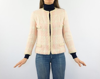 Vintage Chanel Style Tweed Jacke 1960s | Rosa Beige Wollblazer | Hergestellt in Frankreich | S