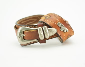 Vintage Western Belt 1980s | Tan Leather Snake Trim | Large Silver Buckle | Ranger Cowboy | Western | S