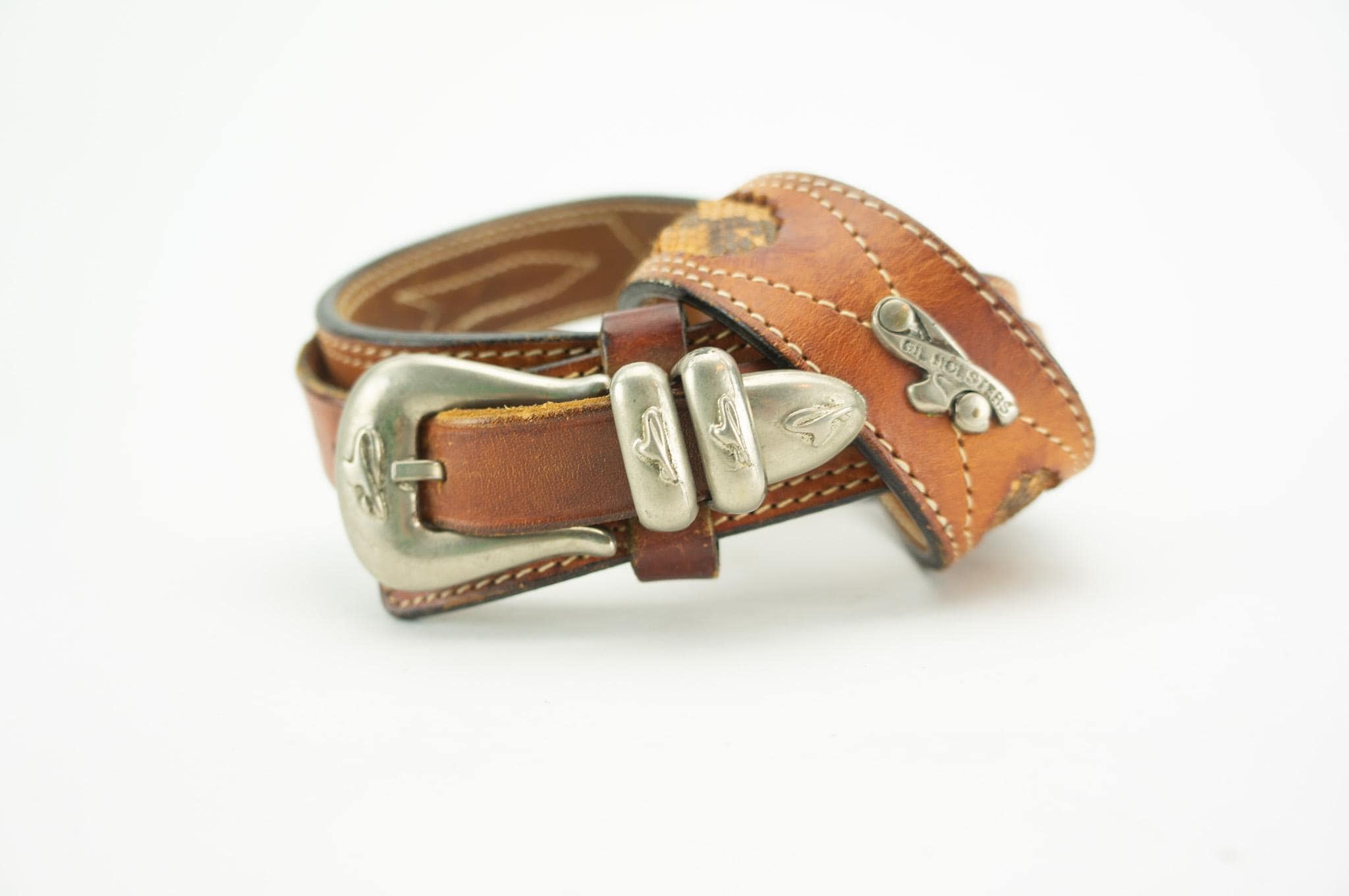 Vintage Western Belt 1980s | Tan Leather Snake Trim | Large  display picture 2