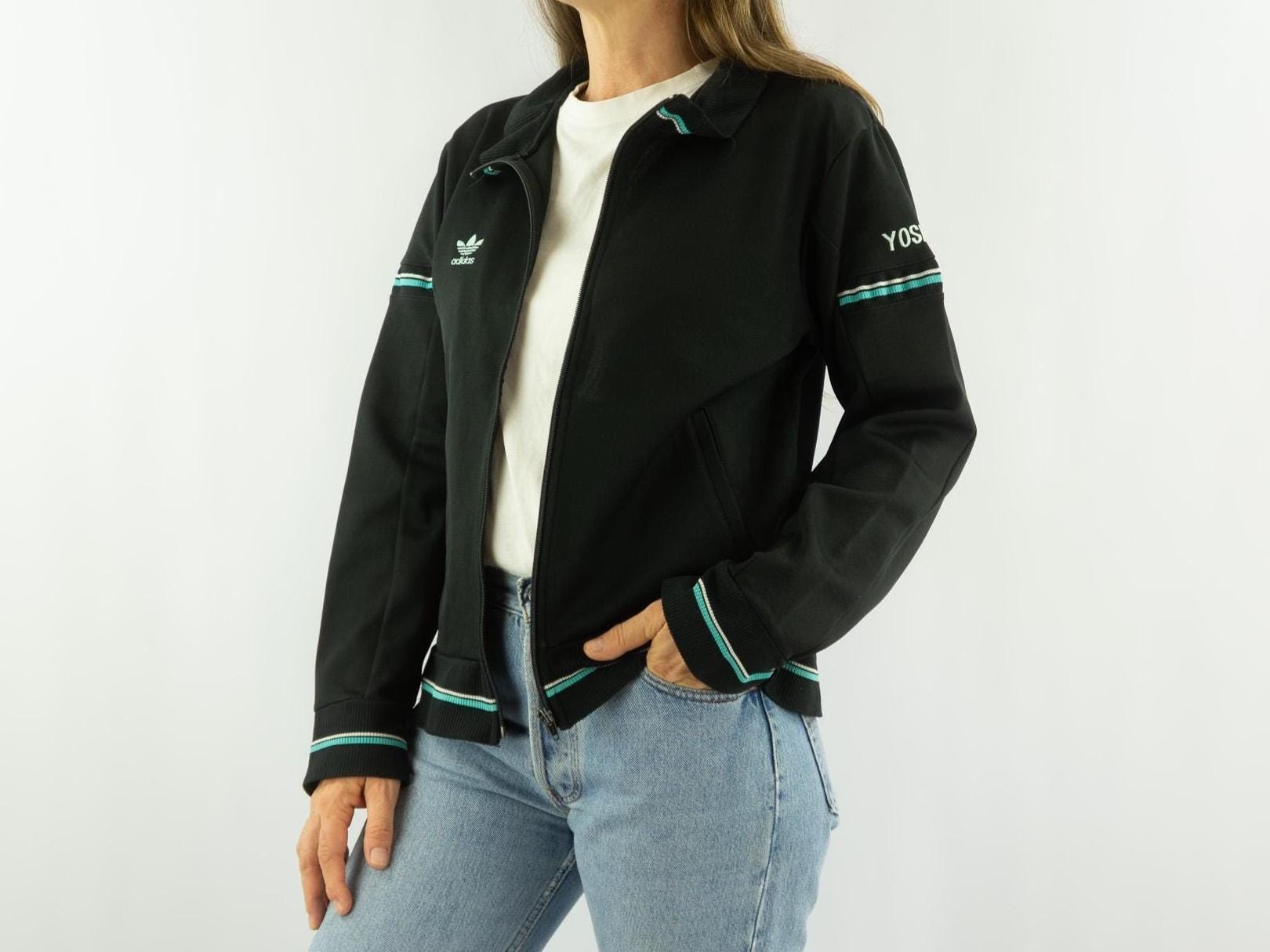 Vintage Adidas Track Jacket 1980s | Black, Turquoise Stripes 