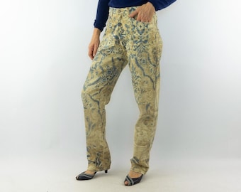 Vintage Roberto Cavalli Jeans | Baroque Print, High Waist Tapered Cut | Italy | M