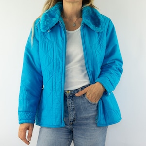 Vintage Women’s Ski Jacket 1970s | Blue Nylon Puffer with Faux Fur Collar | Retro Winter Anorak | Ski Outerwear | Made in France | Size M