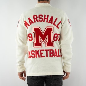 Bristol Products | Vintage University Cardigan | 1980s | White / Red Sweater | Letterman Varsity Cardigan | Patches | Made in USA | Size M