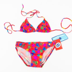 Marie Claire Vintage Bikini 1980s | Red Swimsuit with Multicolor Circles | Triangle Top & Full Brief | NOS | Made in Spain | Size M