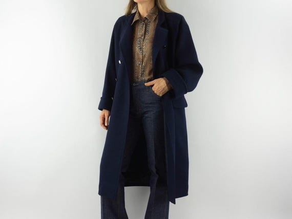 Nina Ricci, Vintage Nina Ricci Wool Coat 1980s | Navy Blue Double Breasted Overcoat | France | S