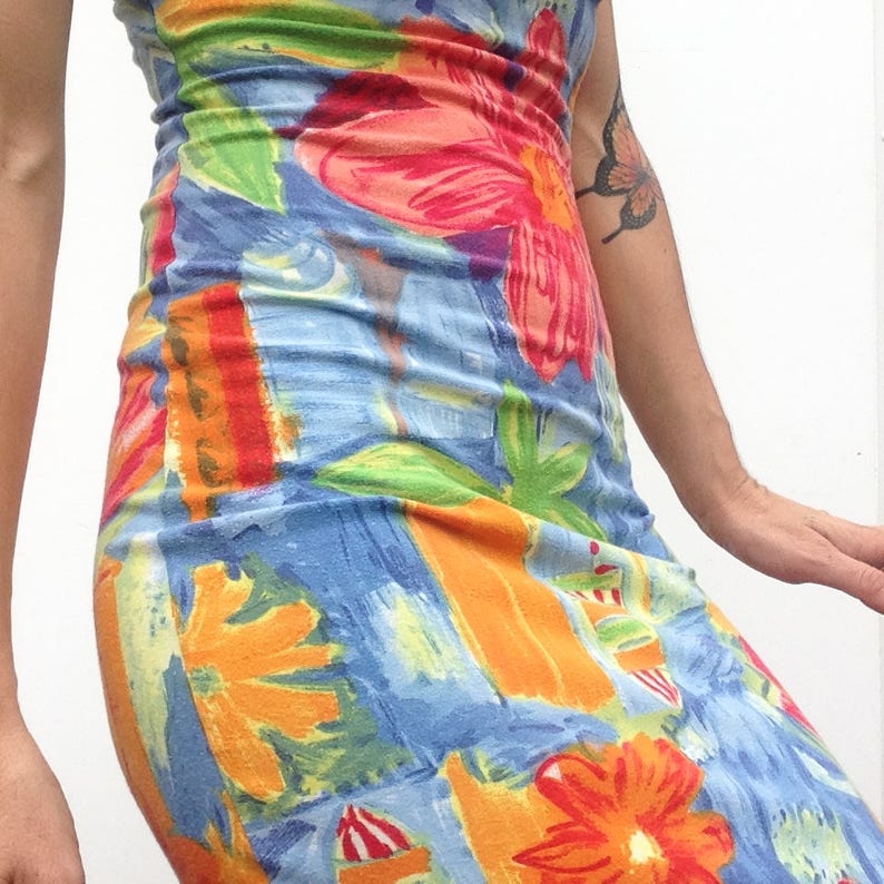 Kenzo-jungle Vintage bodycon-jurk Jaren 80 Bloemenkokerjurk Jurk van stretchkatoen Veelkleurige zomerjurk Gemaakt in Italië Maat S afbeelding 5