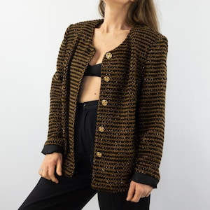 Weill Vintage Blazer Jacket 1980s | Tailored Brown Black Striped Suit Jacket | Gold Buttons | Elegant Formal Wear | Made in France | Size L