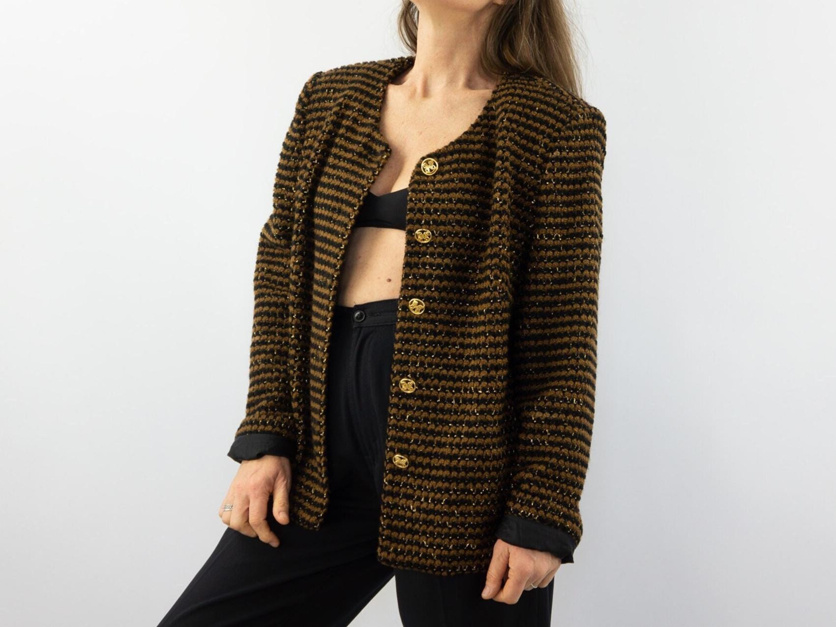 Weill Vintage Blazer Jacket 1980s | Tailored Brown Black Striped Suit Jacket | Gold Buttons | Elegant Formal Wear | Made in France | Size L