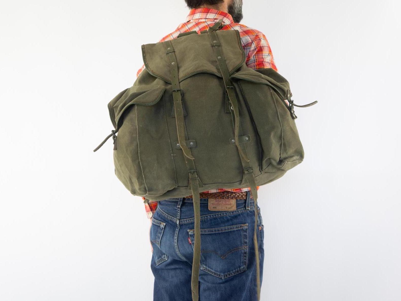 Vintage Lafuma Hiking Backpack 1960s | Khaki Canvas Leather French