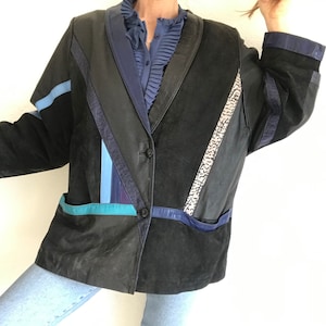 Vintage Patchwork Jacke 1980s | Schwarz Blau Weiß Übergroßes Leder / Wildleder | Fledermausärmel | 80er Jahre Mode | Hergestellt in Frankreich | Grösse M
