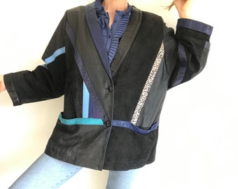 Vintage Patchwork Jacket | Leather/Suede Jacket | 1980s | Oversize Jacket in Black/Blue/White | Batwing Sleeves | Made in France | Size M