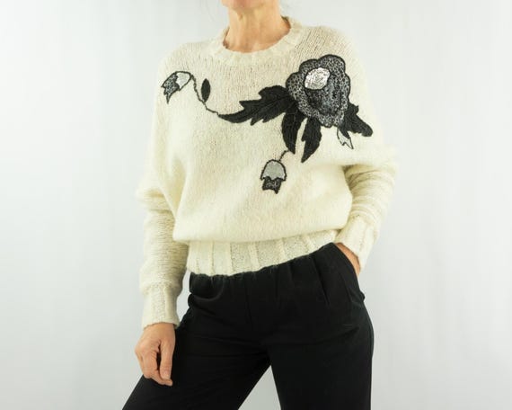 Vintage Cream Mohair Knit Sweater 1980s | Black Sequin Floral 