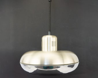 Vintage Rise and Fall Pendelleuchte | 1970er Jahre | Kronleuchter | Chrom und Aluminium | Skandinavisches Design | Mid-Century | Space Age | UFO | Knall