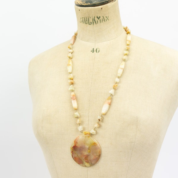 Vintage Aztec Necklace | 1980s | Natural Stone Necklace | Fancy Jewelry | Quartz Beads | Sun Engraving Pendant | Boho / Hippie Chic Style