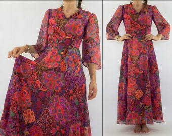 Robe Fleurie Vintage | 1970s | Robe de Soirée d’Été | Rouge/Multicolore | Robe Maxi Tulle | Robe de Bal | Robe Bohème | Taille M