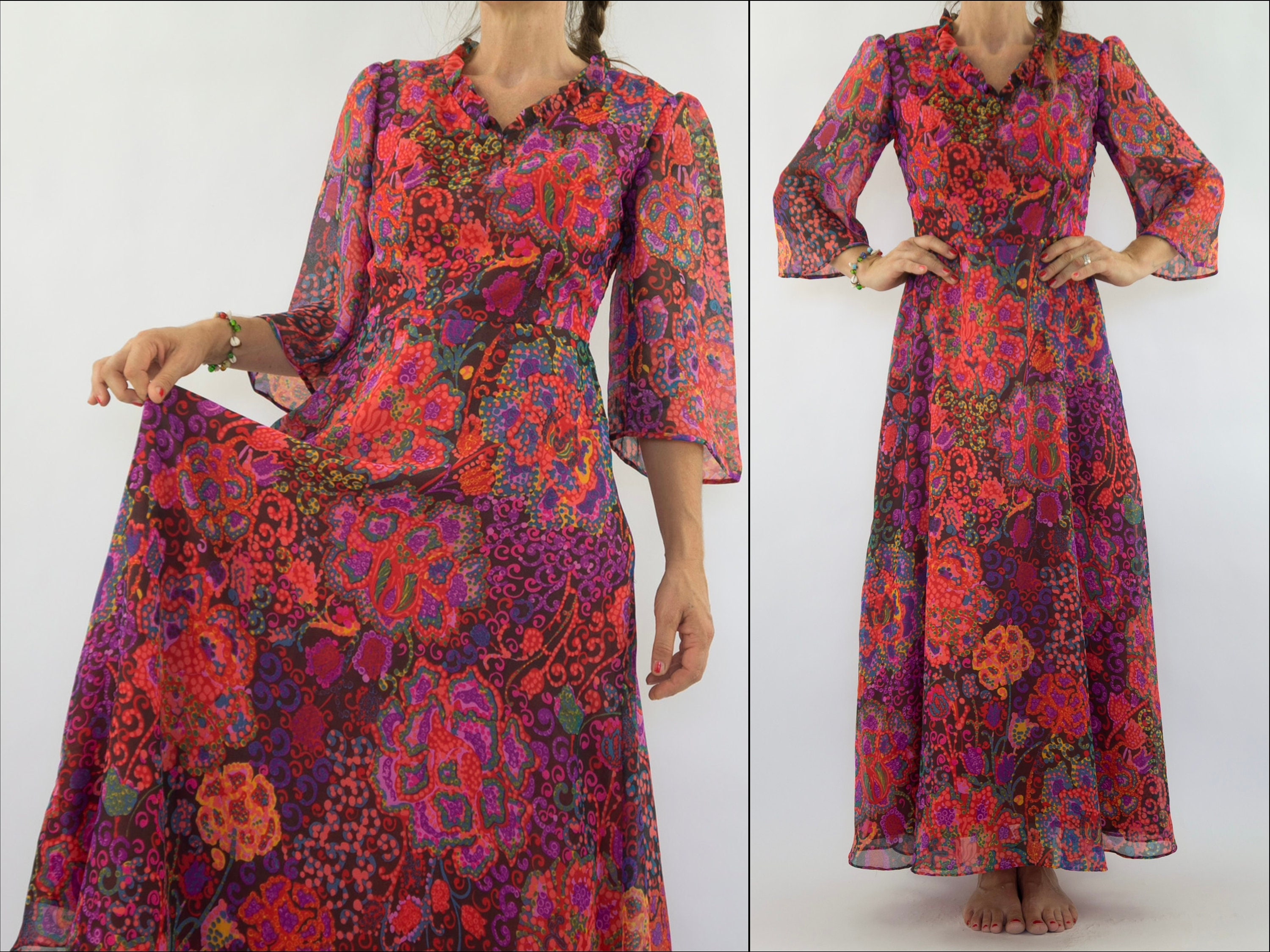 Documented Louis Feraud Early 1970's Mod Hot Pink Floral Print Maxi Skirt &  Vest Set - The Red Velvet Shoe Vintage