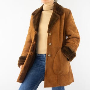 Vintage Shearling Jacket 1970s | Sheepskin Brown Suede Coat | Belted Mid Length Penny Lane Coat | Fur Collar Retro Leather Jacket | Size XL