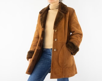 Vintage Shearling Coat 1970s | Brown Suede Sheepskin Jacket | Belted Penny Lane  Retro | XL